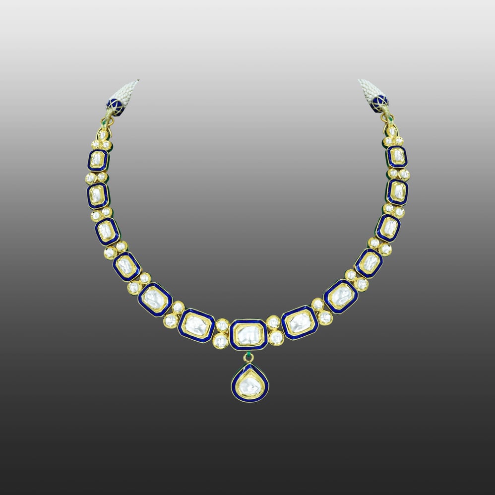 Square and Teardrop Polki Necklace with Blue Meena